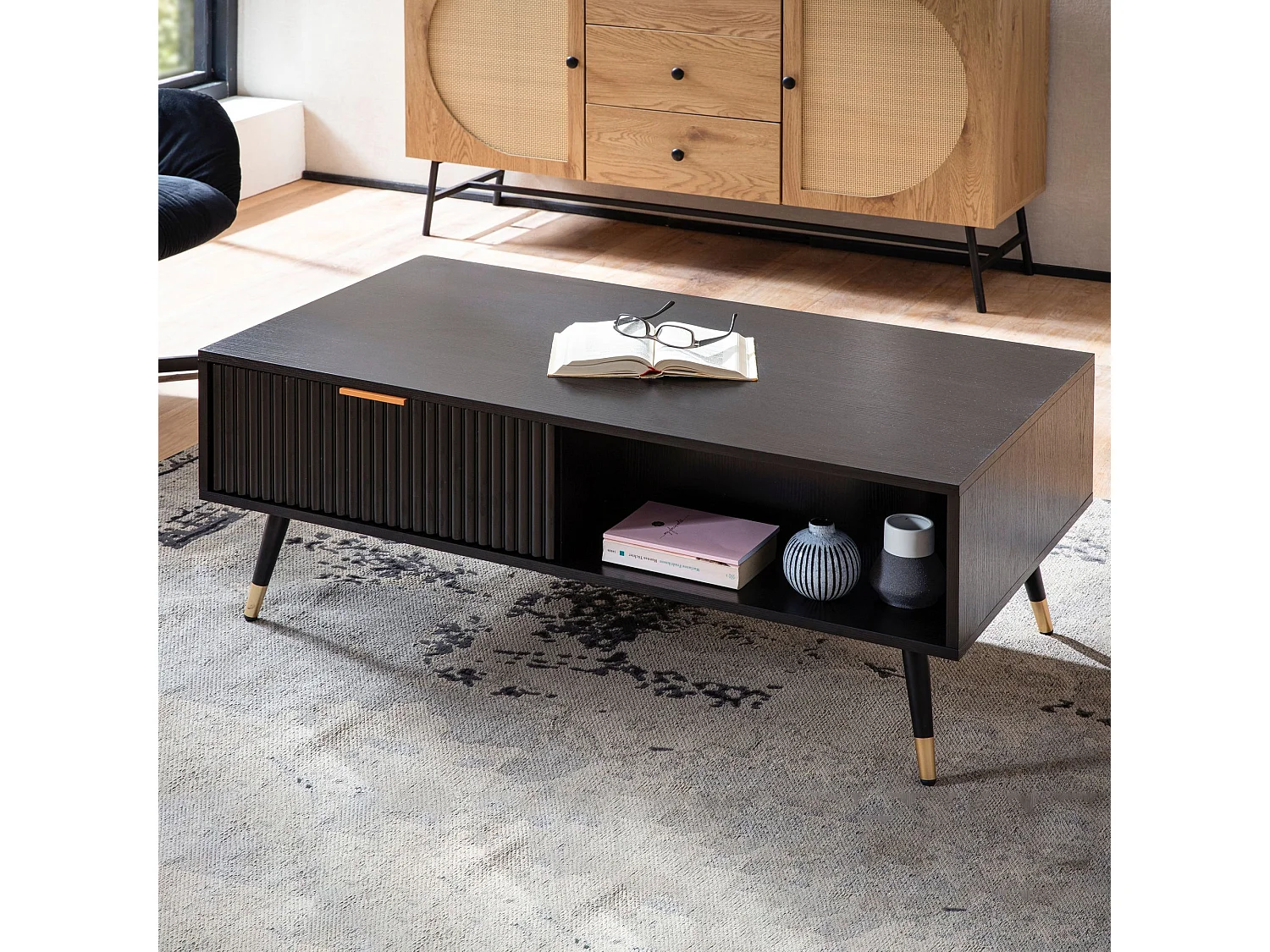 Table Basse 110x60 cm Noir Rectangulaire Grande Table de Salon Moderne