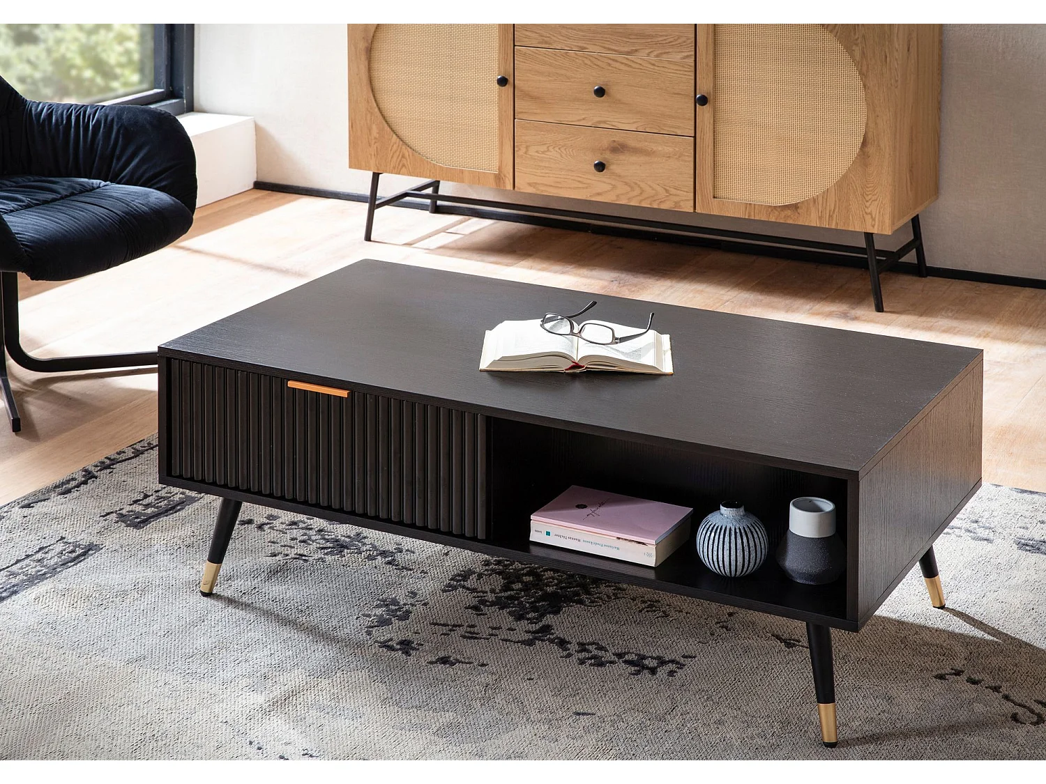 Table Basse 110x60 cm Noir Rectangulaire Grande Table de Salon Moderne