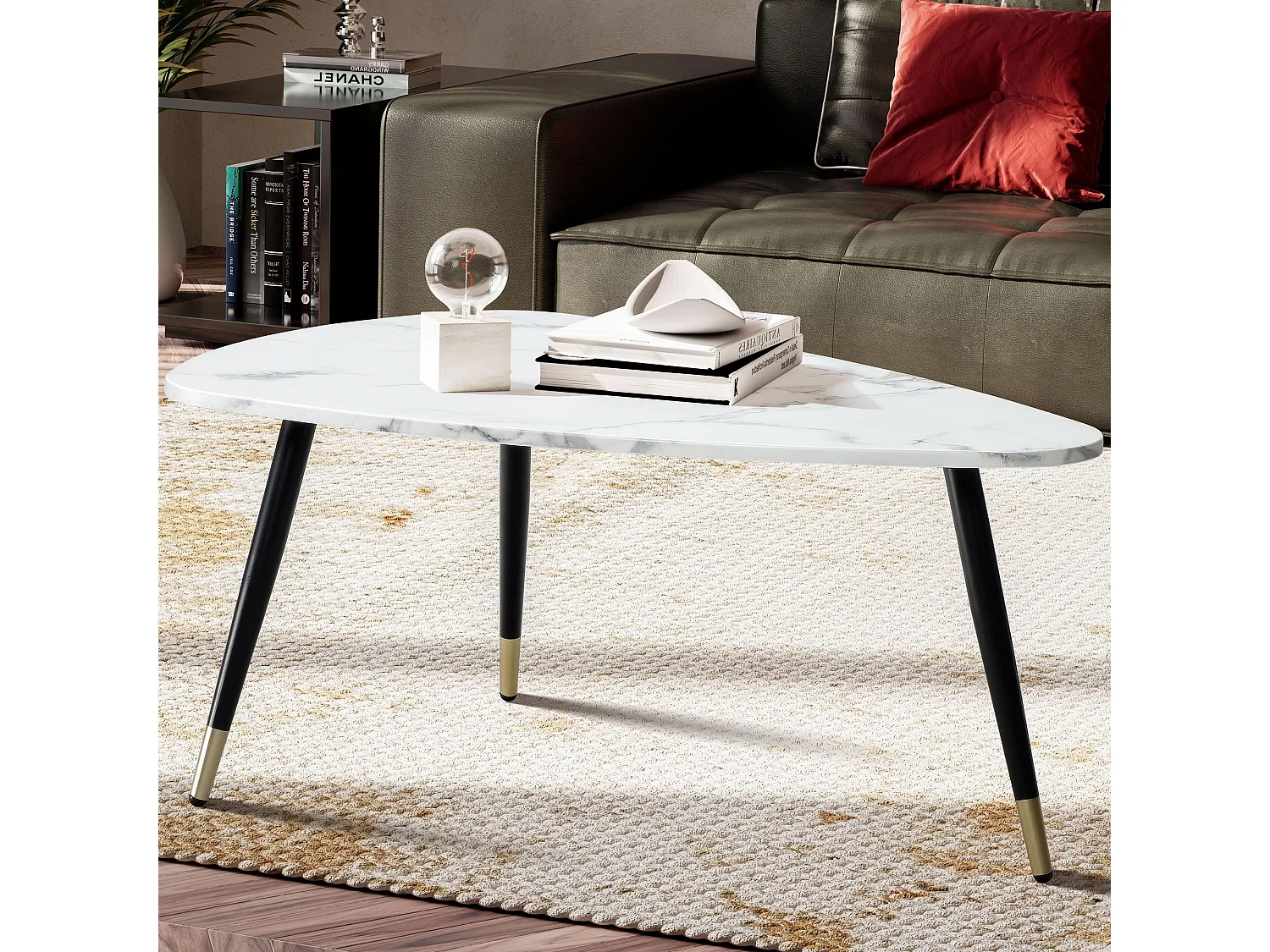 Table Basse 90x60x41 cm Aspect Marbre Table de Salon Moderne Trépied