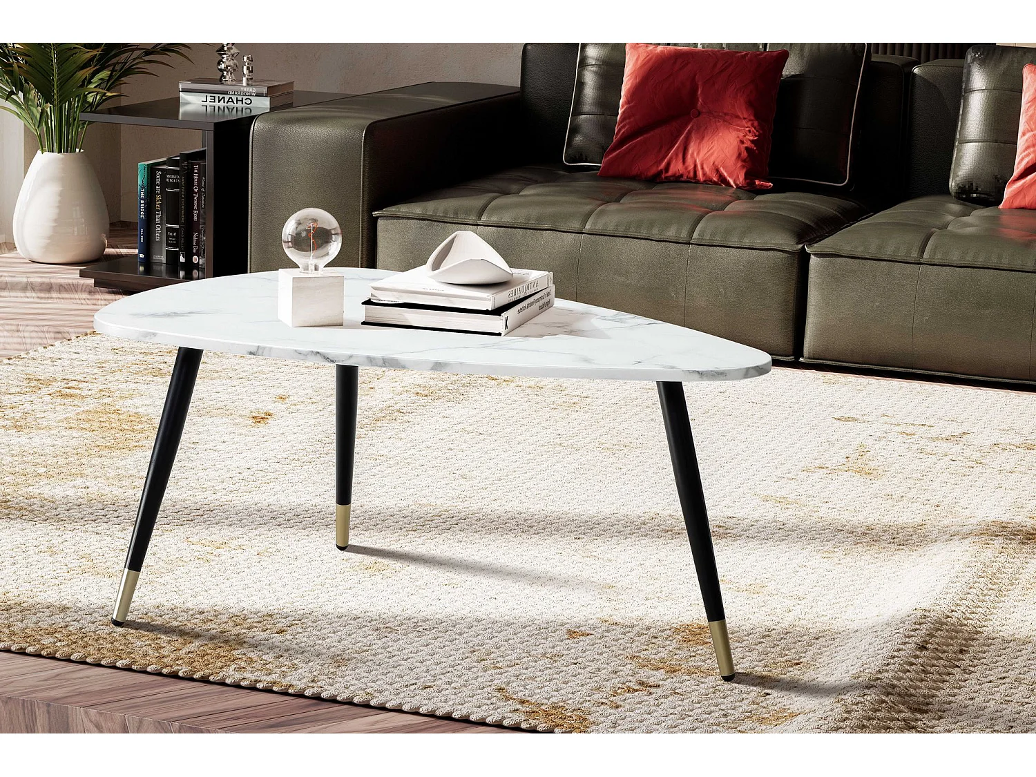 Table Basse 90x60x41 cm Aspect Marbre Table de Salon Moderne Trépied