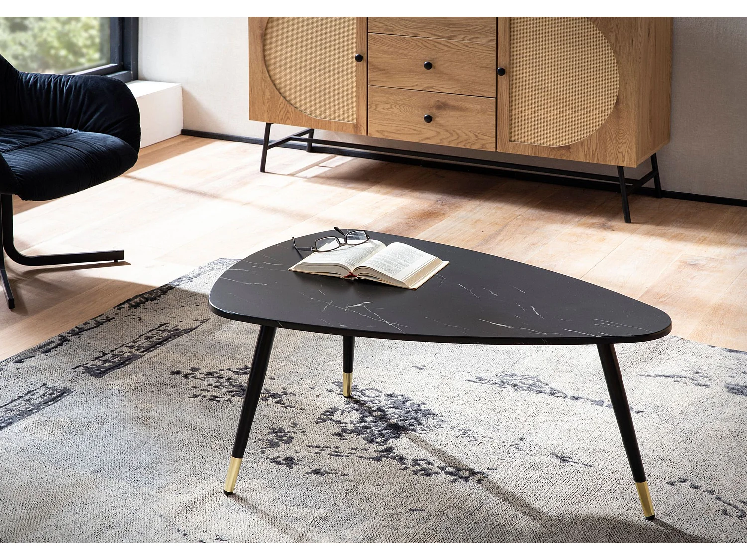 Table Basse 90x60x41 cm Aspect Marbre Table de Salon Moderne Trépied