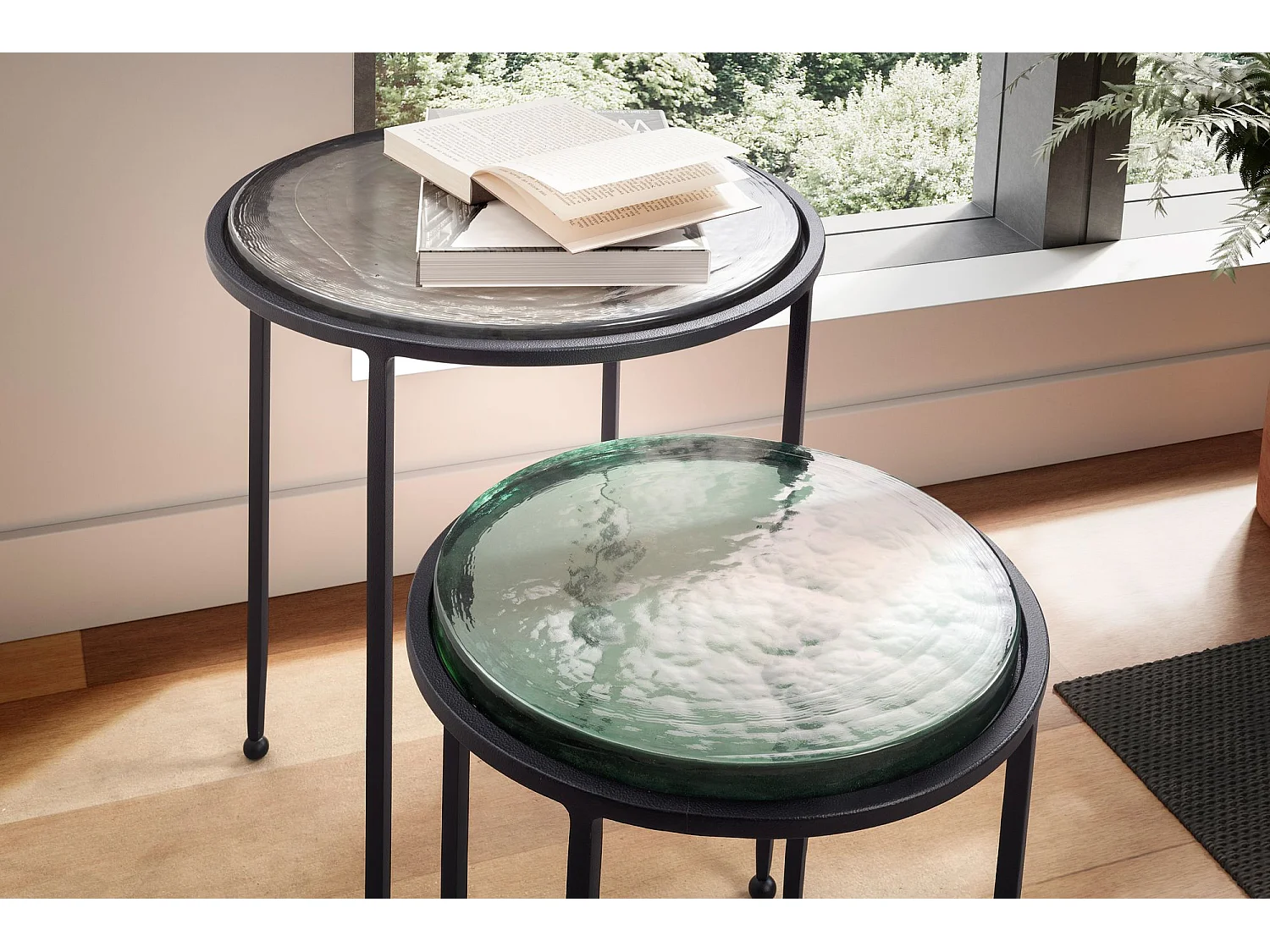 Tables Gigognes Verre Métal Table d'appoint Basse Moderne Lot de 2 Ronde