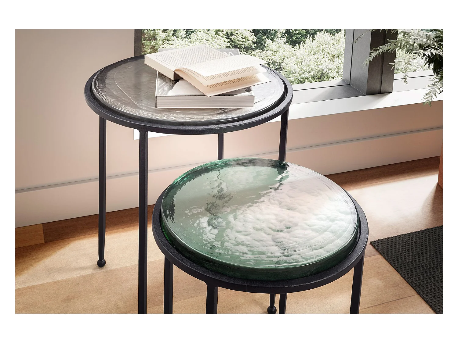 Tables Gigognes Verre Métal Table d'appoint Basse Moderne Lot de 2 Ronde