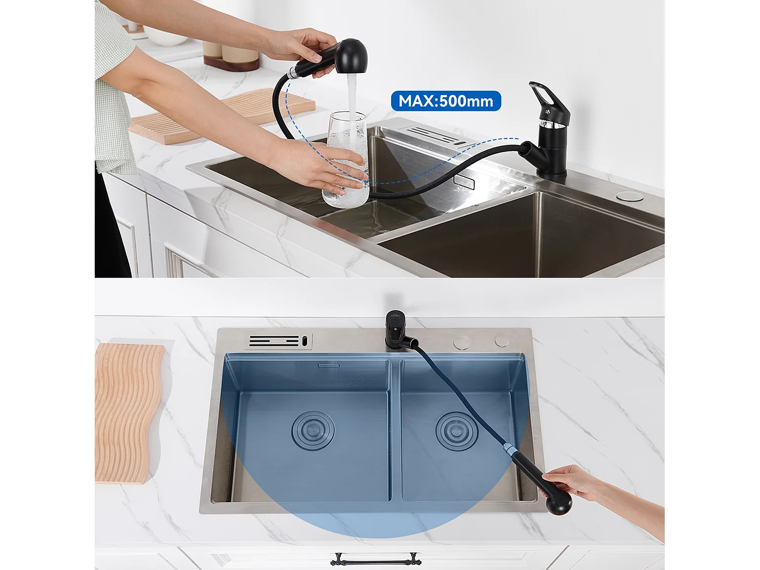 Miscelatore Cucina AURALUM MAX Nero con Doccetta Estraibile 2 Getti Rubinetto Lavello 360° in Ottone Rubinetteria con Monoforo L'acqua Fredda/Calda
