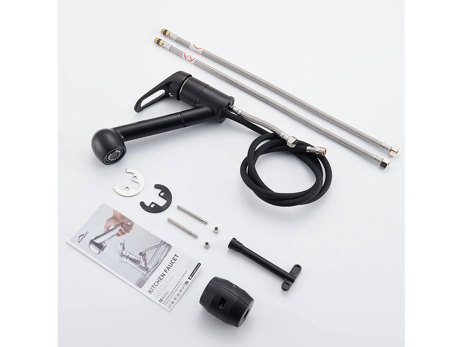 Miscelatore Cucina AURALUM MAX Nero con Doccetta Estraibile 2 Getti Rubinetto Lavello 360° in Ottone Rubinetteria con Monoforo L'acqua Fredda/Calda