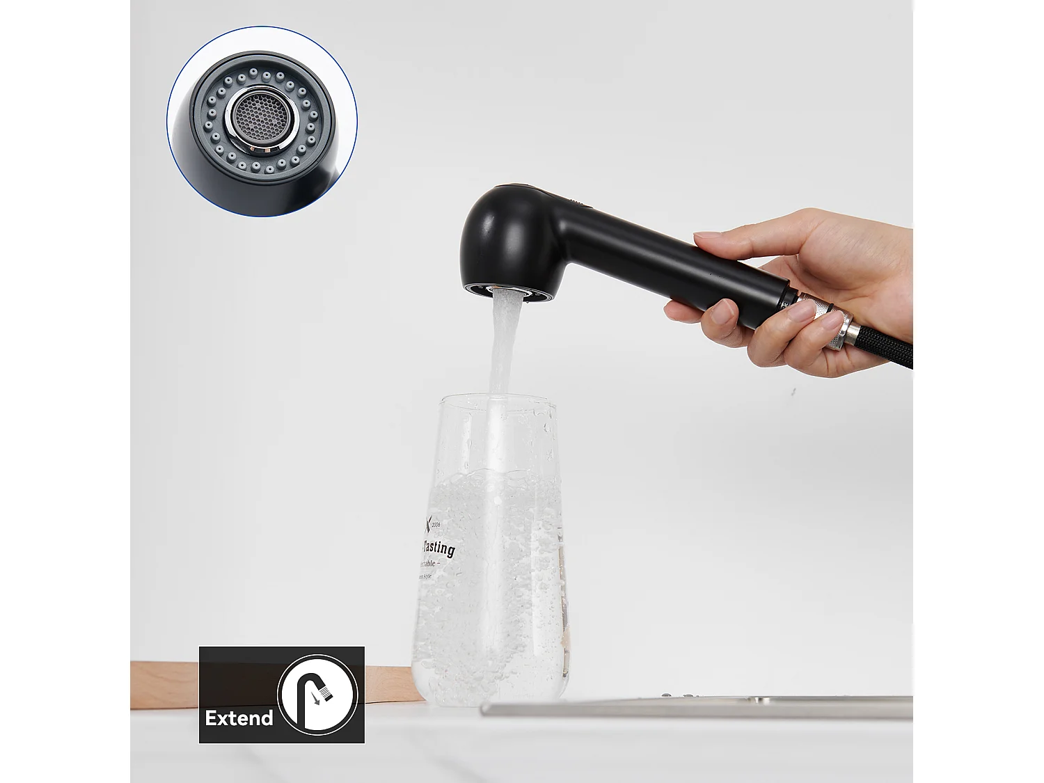 Miscelatore Cucina AURALUM MAX Nero con Doccetta Estraibile 2 Getti Rubinetto Lavello 360° in Ottone Rubinetteria con Monoforo L'acqua Fredda/Calda