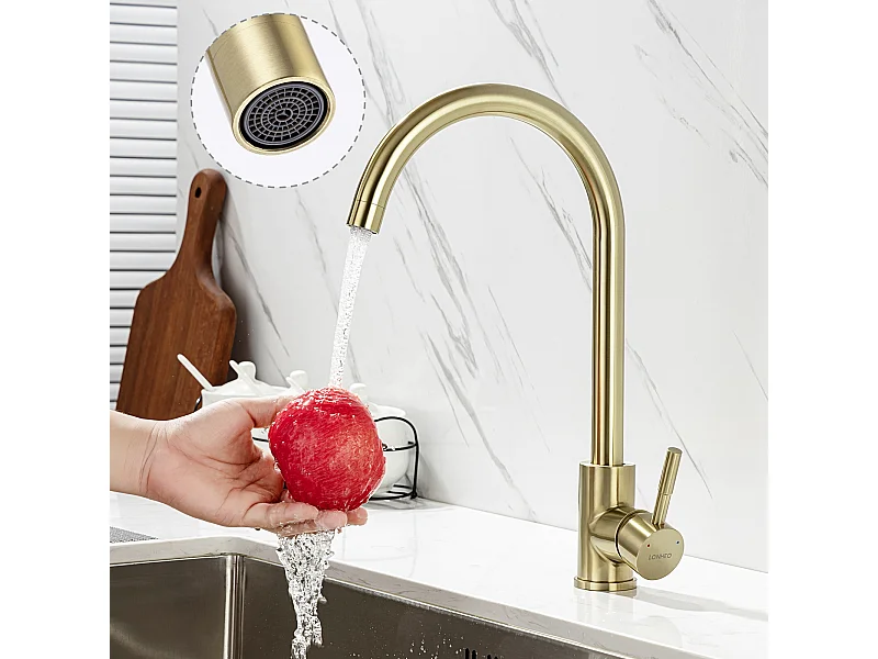 Lonheo Max Robinet de Cuisine U-Forme Rotatif à 360°Mitigeur Évier à Eau Froide et Chaude en Acier Inoxydable avec Barboteur démotable, Doré,EU Modèle