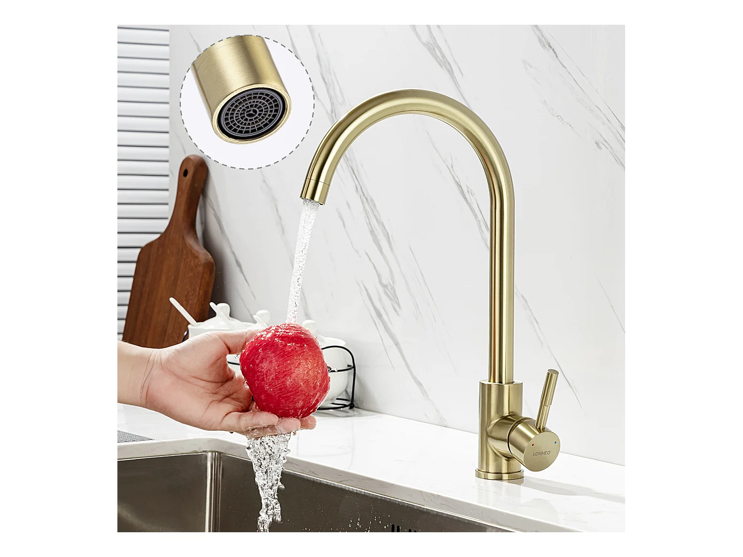 Lonheo Max Robinet de Cuisine U-Forme Rotatif à 360°Mitigeur Évier à Eau Froide et Chaude en Acier Inoxydable avec Barboteur démotable, Doré,EU Modèle