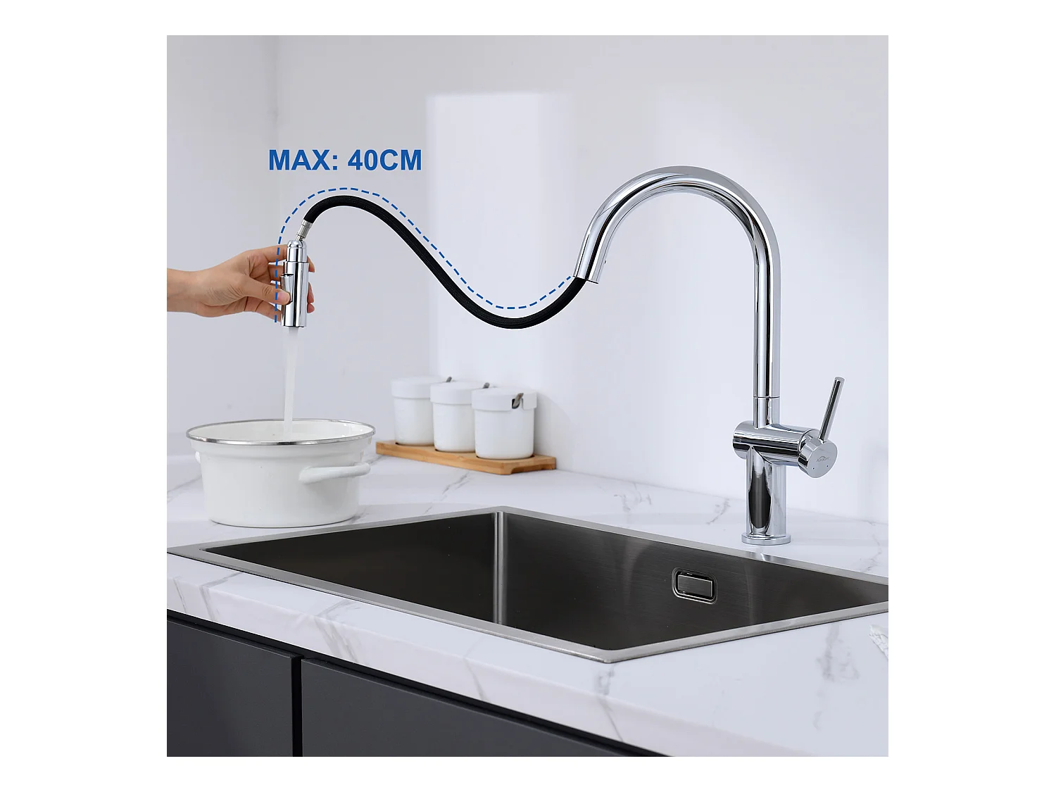 Mitigeur de Cuisine Douchette Extractible,AURALUM MAX,avec 2 Fonctions  Robinet de Cuisine Rotatif à 360°,Acier Inoxydable,Eau Froide et Chaude,Chromé