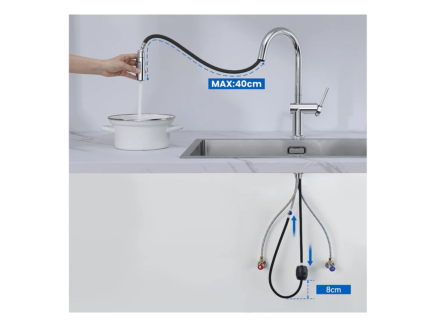 Mitigeur de Cuisine Douchette Extractible,AURALUM MAX,avec 2 Fonctions  Robinet de Cuisine Rotatif à 360°,Acier Inoxydable,Eau Froide et Chaude,Chromé