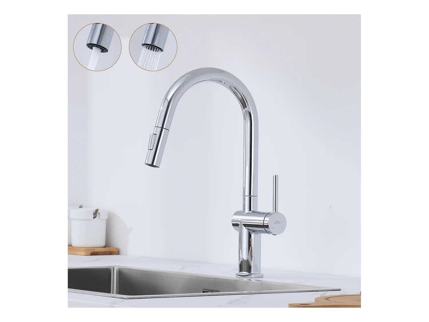 Mitigeur de Cuisine Douchette Extractible,AURALUM MAX,avec 2 Fonctions  Robinet de Cuisine Rotatif à 360°,Acier Inoxydable,Eau Froide et Chaude,Chromé
