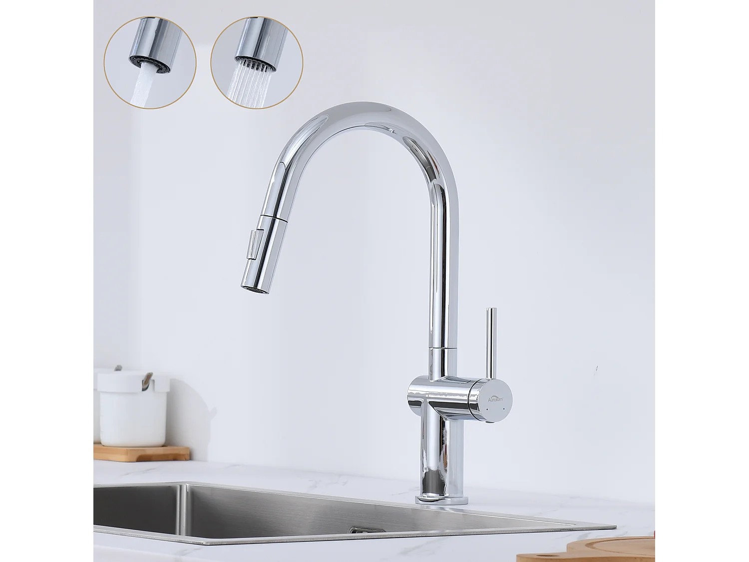 Keukenmengkraan Uittrekbare Handdouche, AURALUM MAX, met 2 FonCtions 360° draaibare keukenkraan, roestvrij staal, koud en warm water, verchroomd