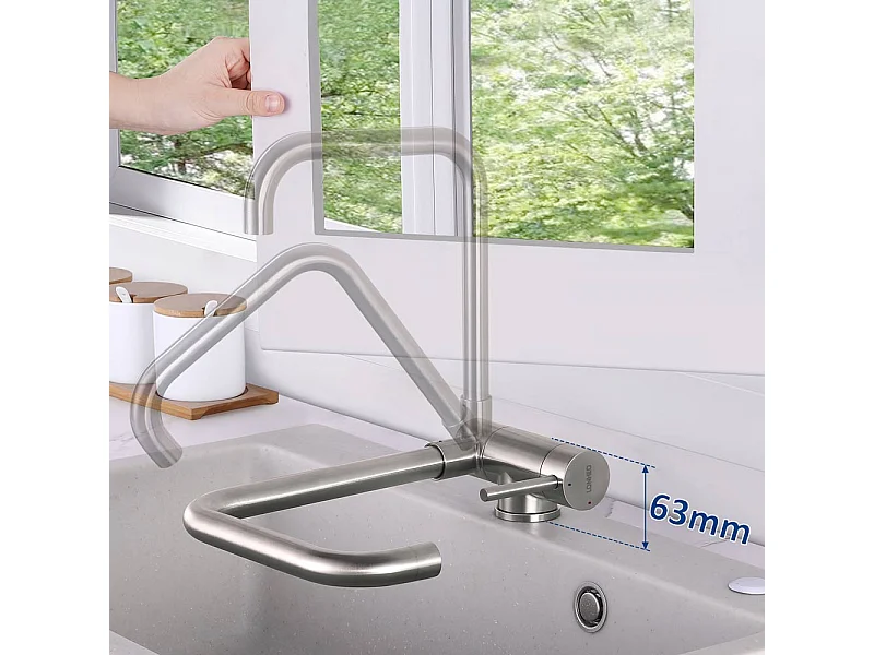 Miscelatore da cucina pieghevole Lonheo MAX, girevole a 360°, rubinetto da cucina con manico pieghevole contro FenEssere, Miscelatore Lavello Inox 304