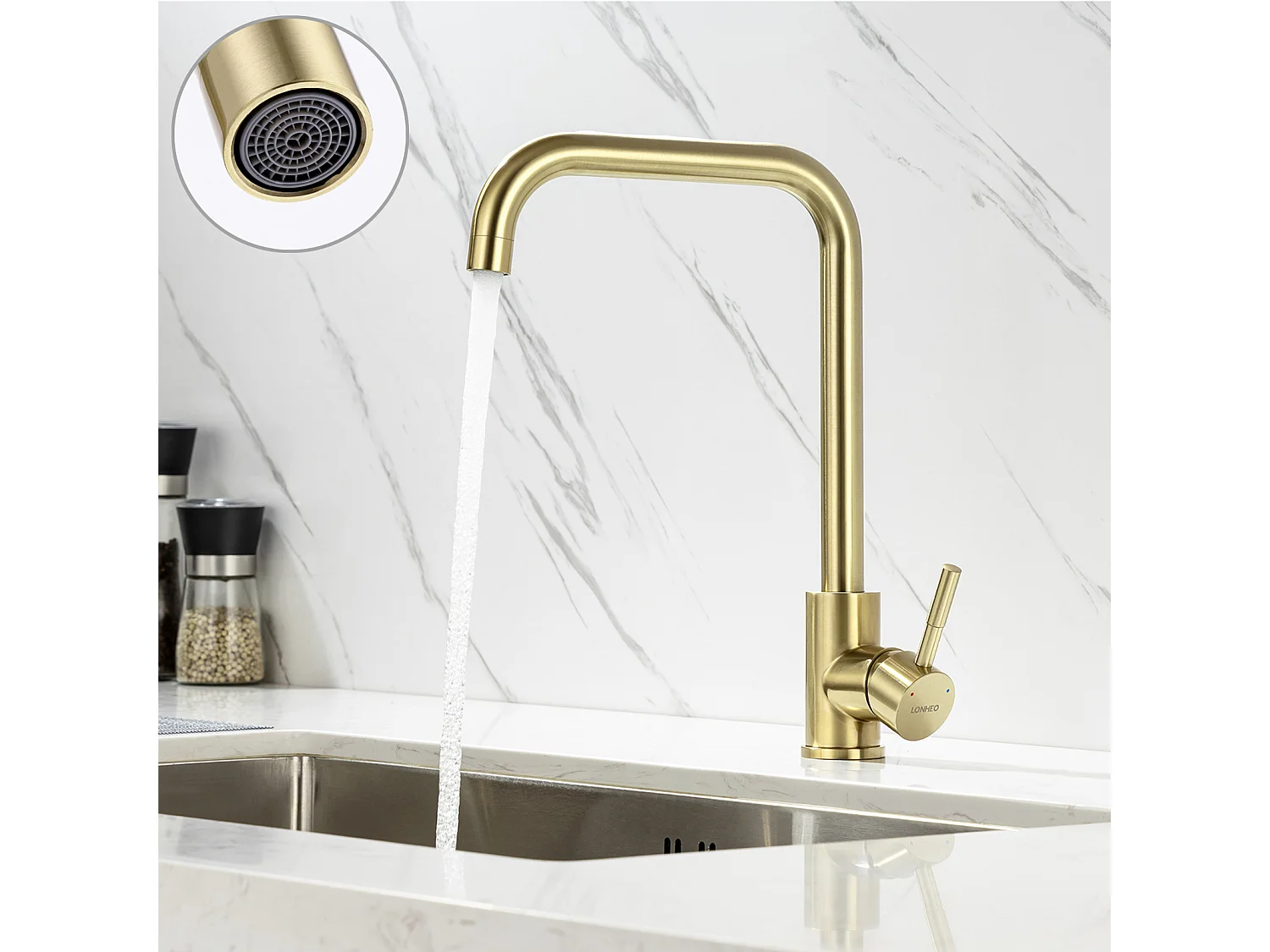 Mezclador cocina,grifo fregadero flexible giratorio 360°,mezclador cocina de acero inoxidable con aireador desmontable, dorado cepillado,7 formas