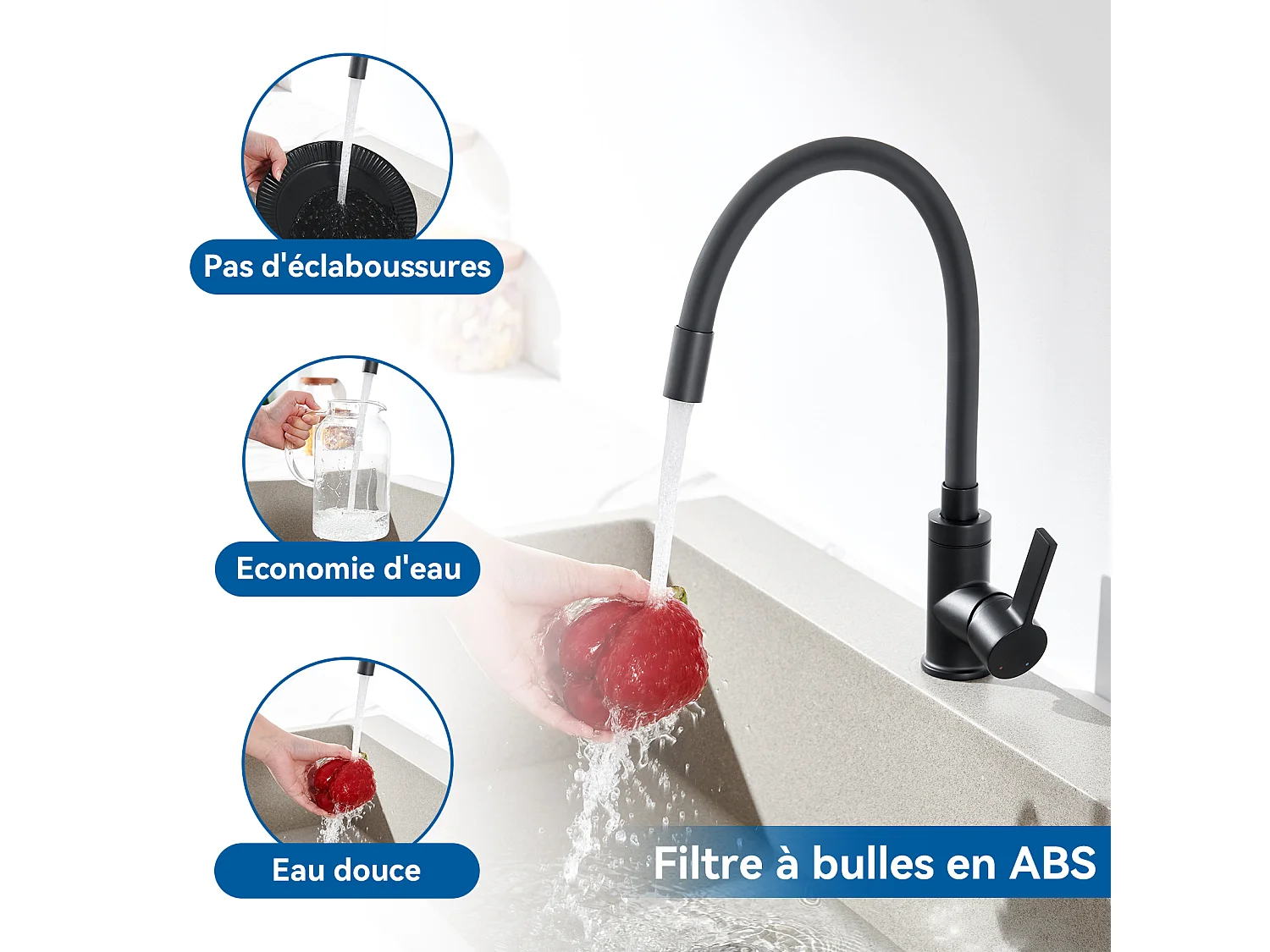 AURALUM MAX Mitigeur Cuisine Flexible Bec Haut Orientable Librement Mitigeur Évier Flexible Pivotant 360° Robinet Evier Eau Chaude/Froide,Noir