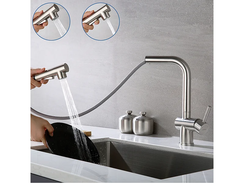 Mitigeur Cuisine avec Douchette Robinet Douchette d'évier Extractible à Deux Jets Mitigeur Evier Bec Haut Pivotant 360°avec Barboteur Démotable
