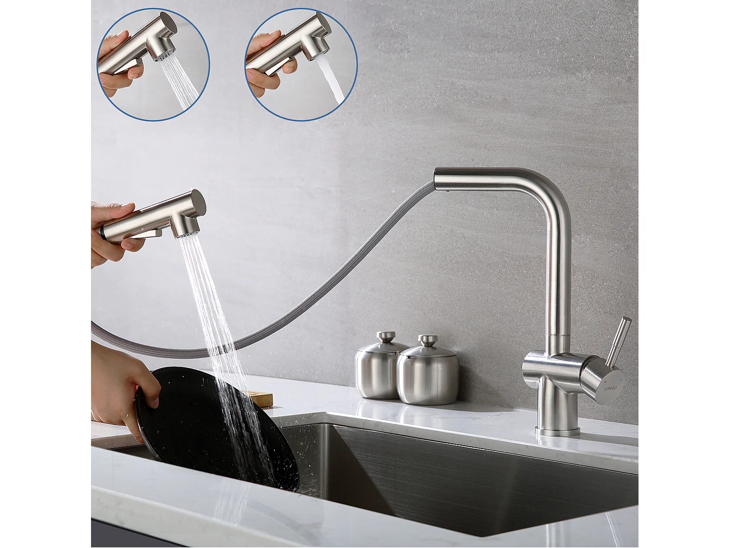 Miscelatore Cucina con Doccetta Rubinetto Doccetta lavello Estraibile a Due Getti Miscelatore Lavello Beccuccio Alto Girevole 360°,Goccia Demovibile