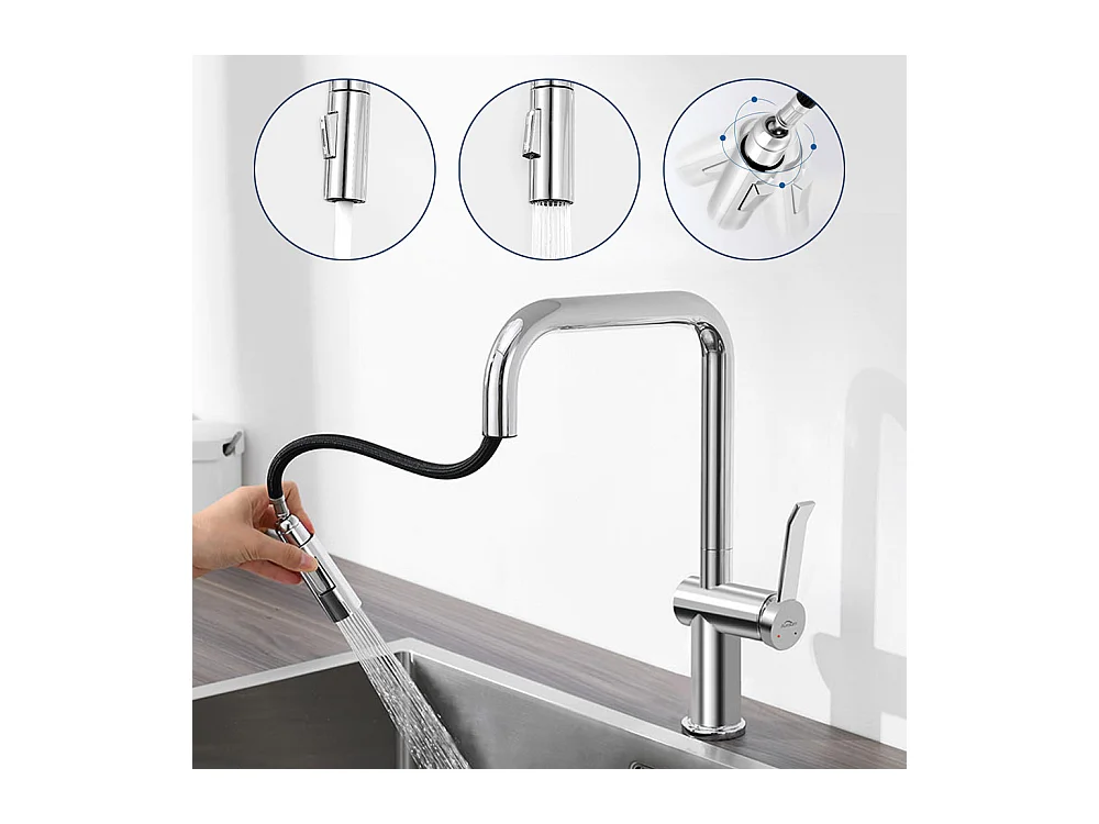 AURALUM MAX Robinet Cuisine Douchette, Mitigeur Cuisine avec Douchette Extractible, Mitigeur Evier Rotatif à 360°, 2 Modes de Pulvérisation, Froid/Chaud