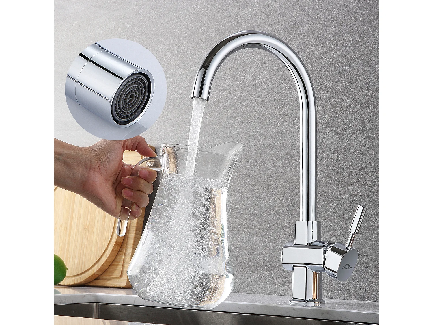 Auralum MAX Verchroomde keukenmengkraan, 360° draaibare hoge uitloop, gootsteenkraan met afneembare opschuimer RVS spoelbakmengkraan koud/warm water