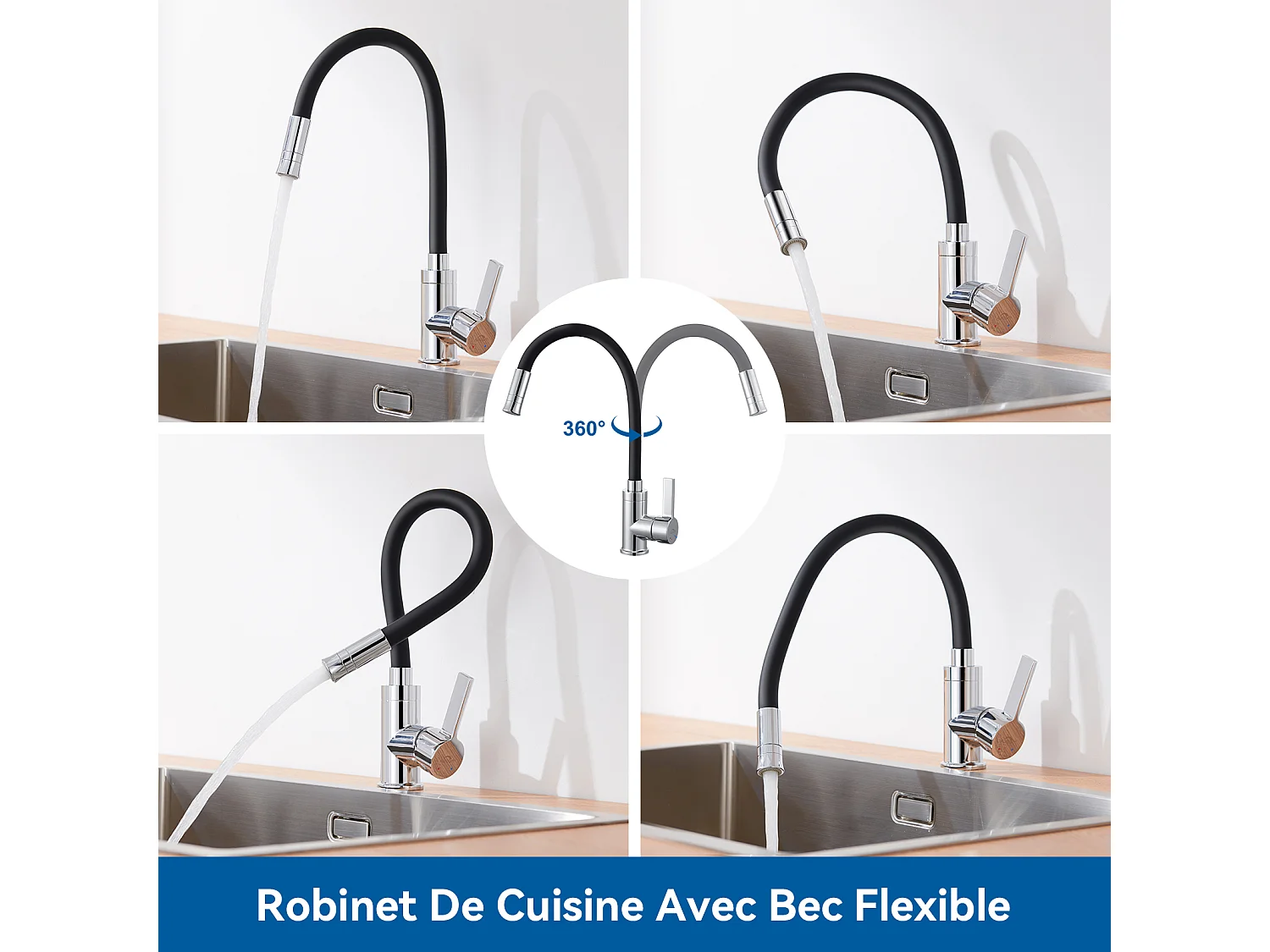 AURALUM MAX Grifo De Cocina Negro,Mezclador Cocina Flexible, 2 Modos De Pulverización, Rotación De 360°,Grifo De Cocina Con Ahorro De Agua