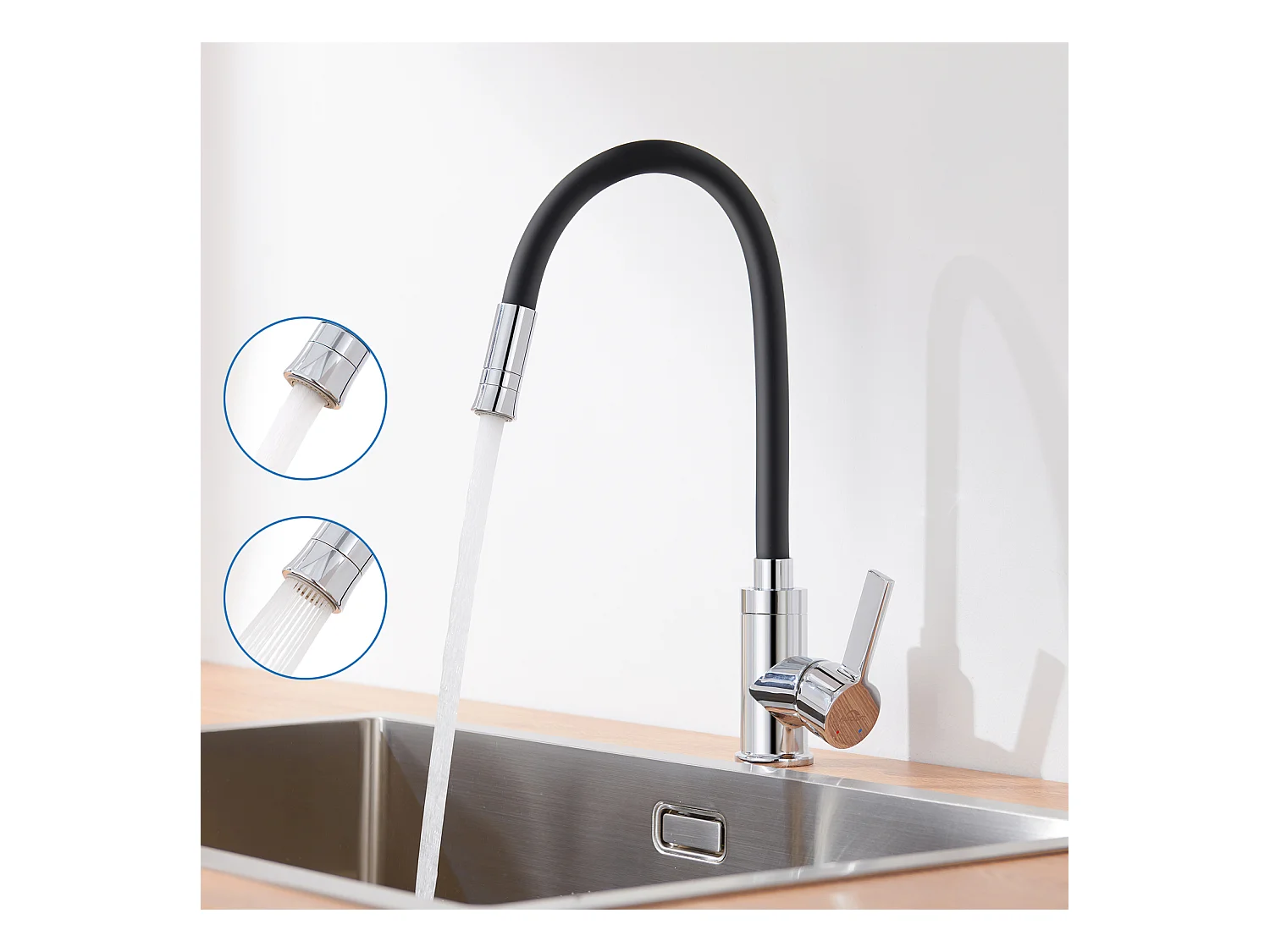 AURALUM MAX Robinet Cuisine Noir,Mitigeur Cuisine Flexible,2 Modes  Pulvérisation,Rotatif 360°, Robinet Evier Cuisine Avec Perlator Economiseur D'Eau