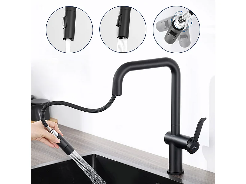 AURALUM MAX Rubinetto Cucina Doccia, Miscelatore Cucina con Doccetta Estraibile, RubinettoIe Cucina 2 Getti, Rotante a 360°, 2 Modalità di Spruzzatura