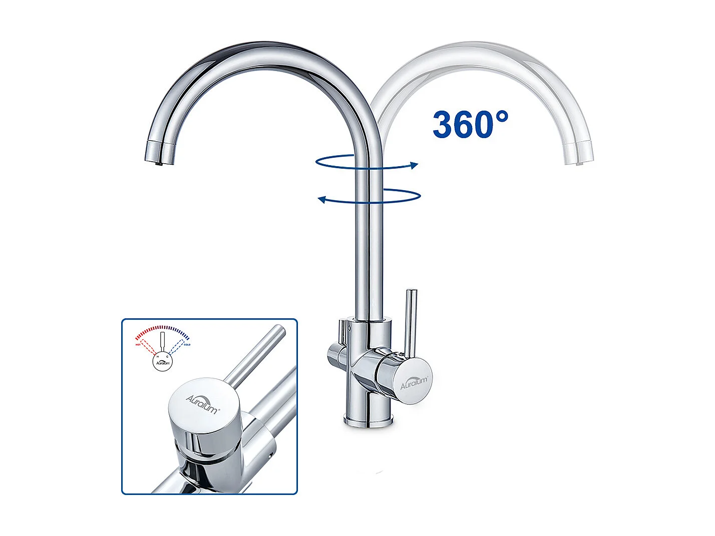 Auralum max Mitigeur de Cuisine 3 Voies,Robinet Cuisine Pivotant à 360°,Robinetterie Cuisine Eau Potable,avec Sortie Eau Filtrée,Acier Inoxydable