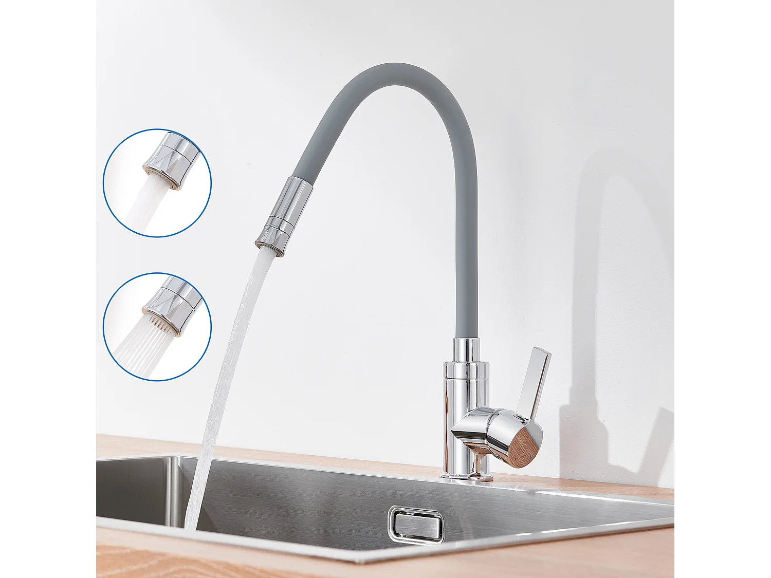 AURALUMMAX Miscelatore Cucina con Tubo in Silicone Flessibile Deformabile Rubinetto lavello con 2 Tipi Getti,Rubinetto Cucina girevole 360°-Grigio