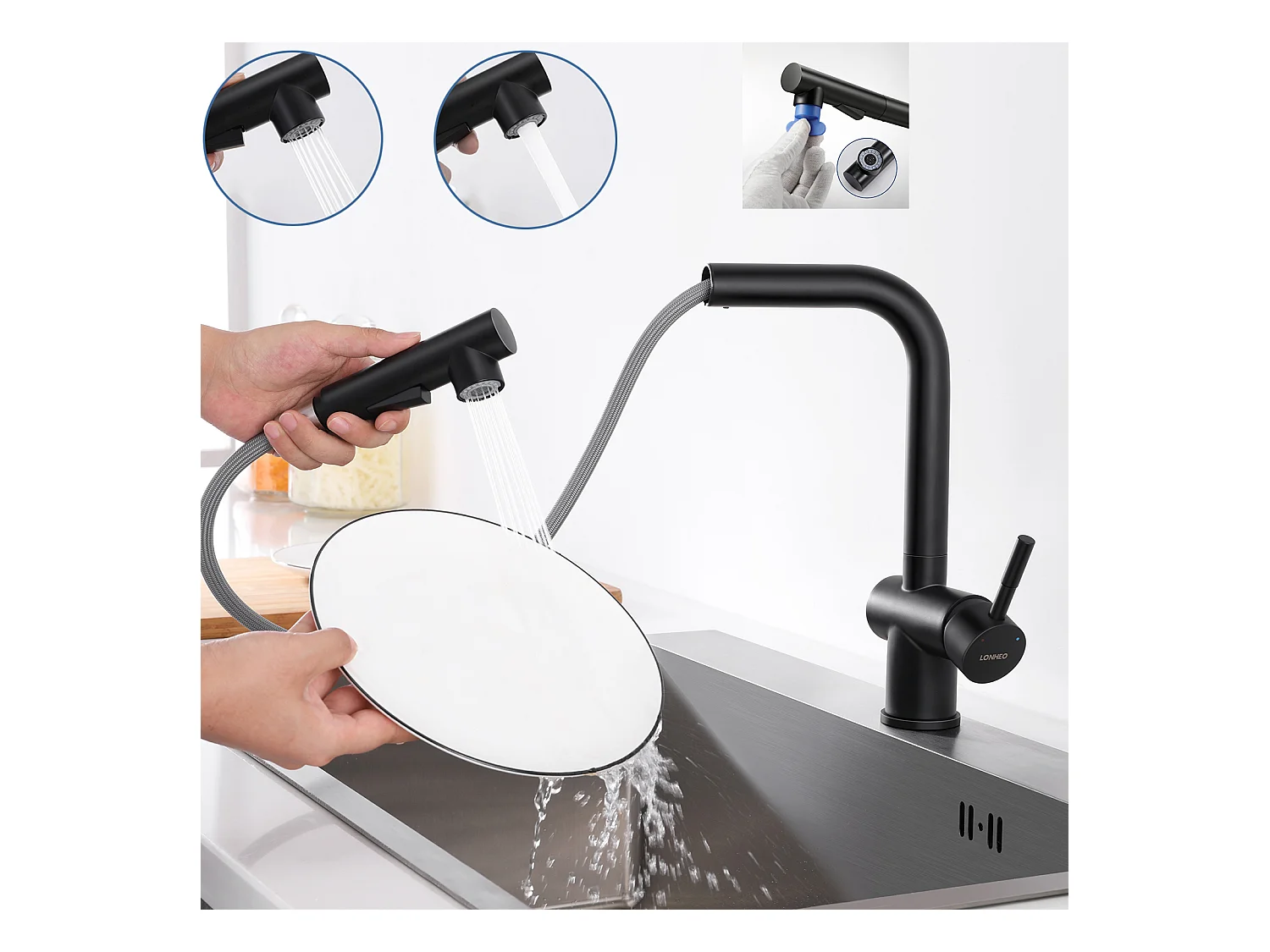 Mitigeur Cuisine Noir Douchette Robinet Douchette d'évier Extractible à 2 Jets Mitigeur Evier Bec Haut Pivotant à 360° Acier Inox Barboteur Démotable
