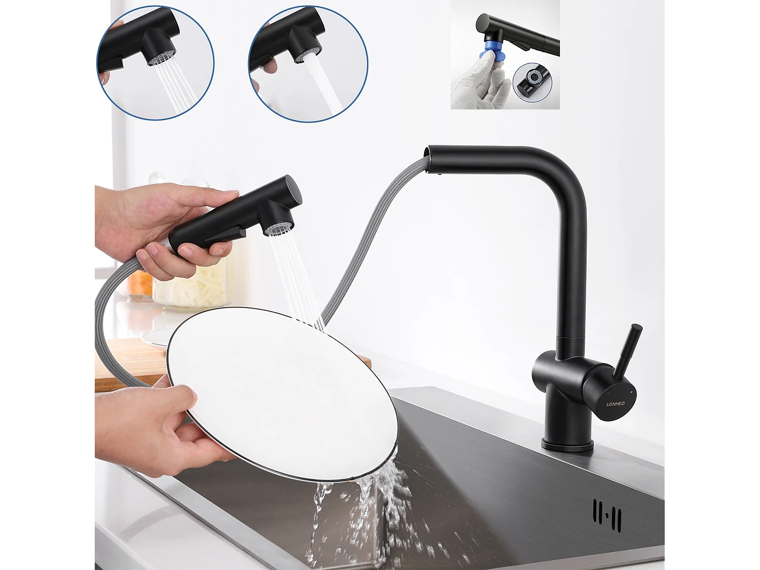 Mitigeur Cuisine Noir Douchette Robinet Douchette d'évier Extractible à 2 Jets Mitigeur Evier Bec Haut Pivotant à 360° Acier Inox Barboteur Démotable