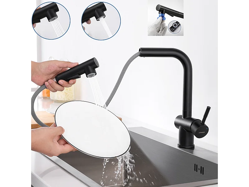 Mitigeur Cuisine Noir Douchette Robinet Douchette d'évier Extractible à 2 Jets Mitigeur Evier Bec Haut Pivotant à 360° Acier Inox Barboteur Démotable