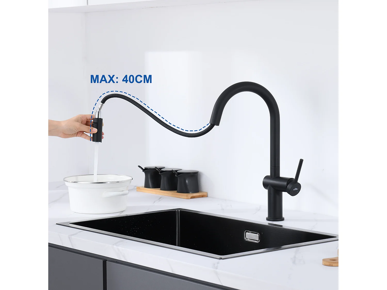 AURALUM MAX Keukenmengkraan Uittrekbare Handdouche, Spoelbakkraan met 2 Functiesons,Zwart 360° Draaibare Keukenkraan,Moderne Spoelbakmengkraan