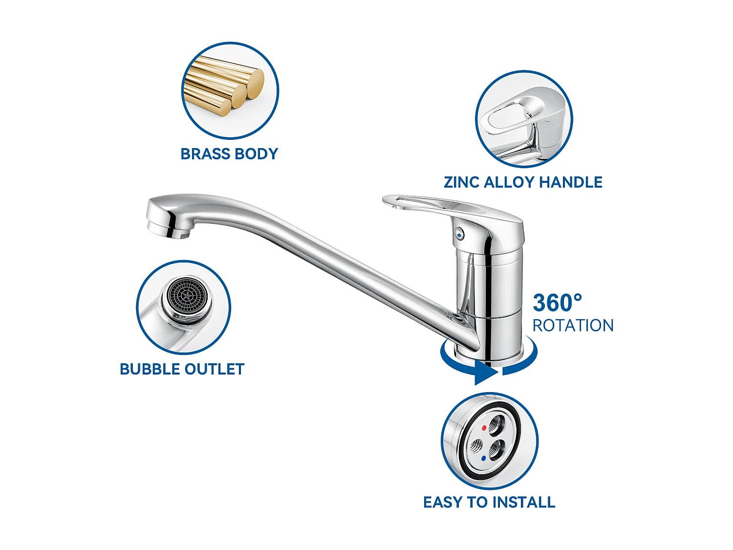 Auralum MAX Mitigeur d'Evier, Robinet de Cuisine Orientable à 360°, Les Conduites d'eau Chaude et Froide et Les Accessoires Complets,en Laiton,Chromé