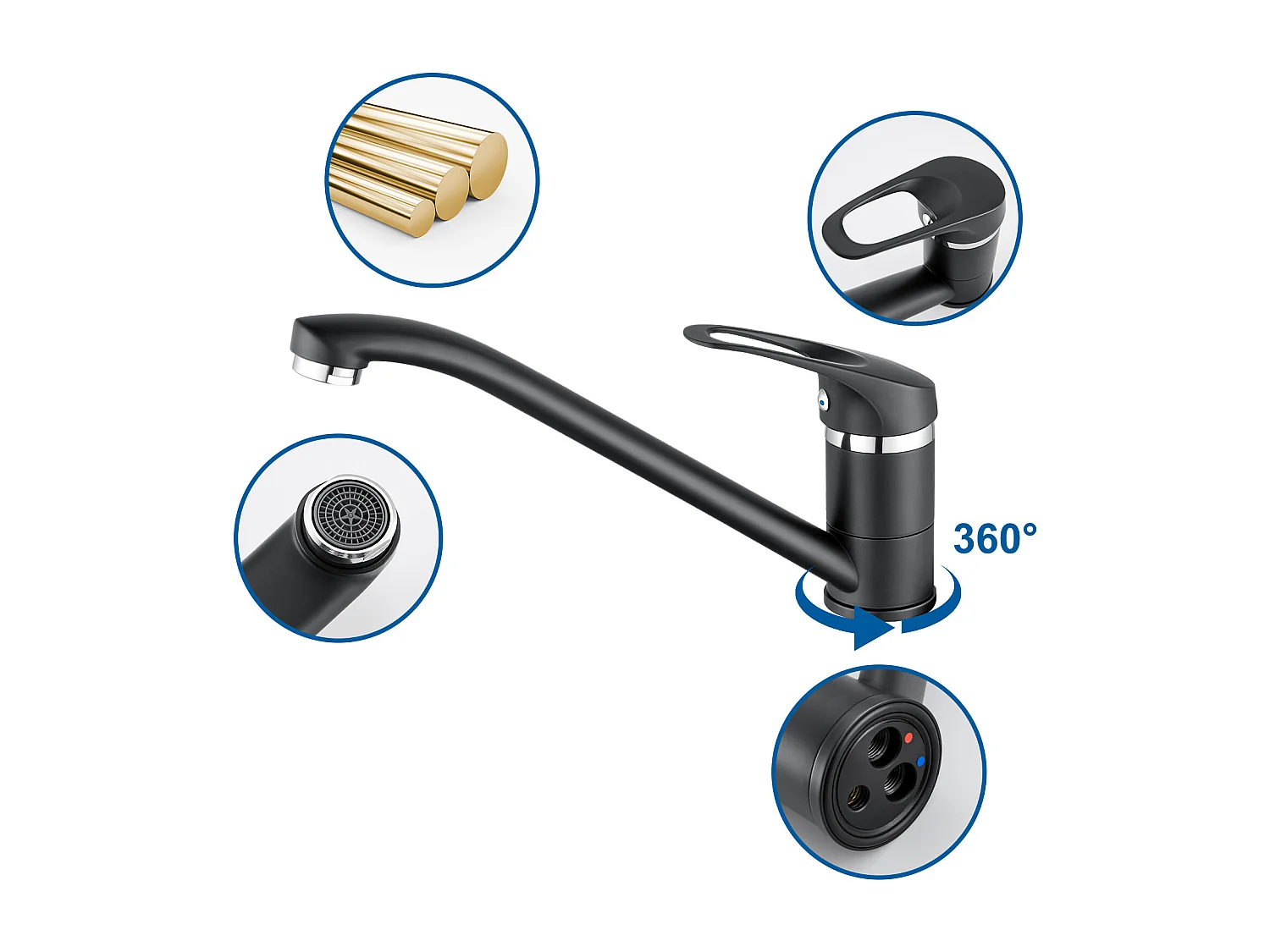 Auralum MAX Mitigeur d'Evier, Robinet de Cuisine Orientable à 360°, Les Conduites d'eau Chaude et Froide et Les Accessoires Complets,en Laiton,Noir