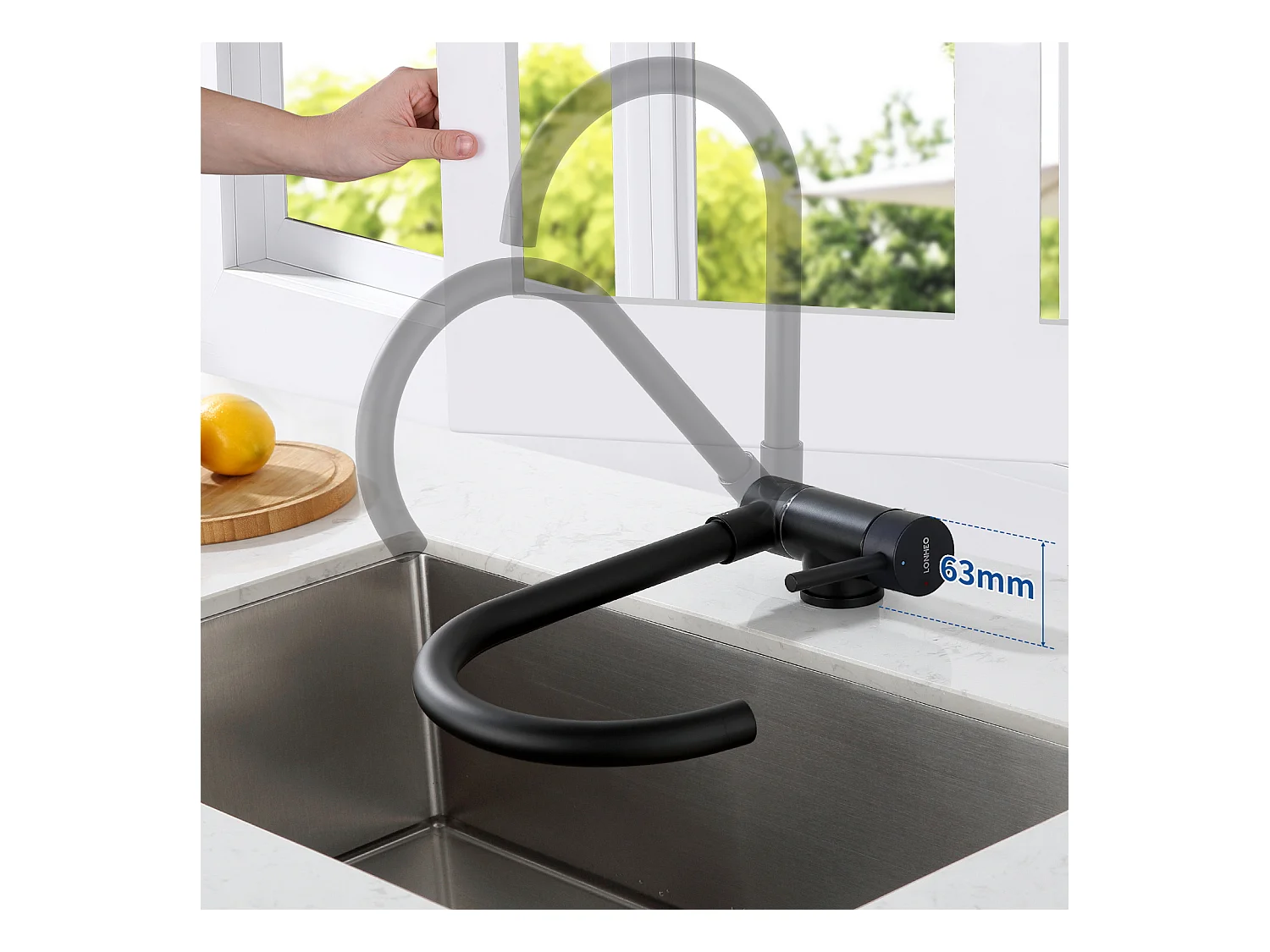Lonheo Max Mitigeur Cuisine Rabattable Noir,Robinet Cuisine Pliable Contre Fenêtre en Acier Inox 304, Robinetterie Cuisine Pivotant à 360°,EU Modèle
