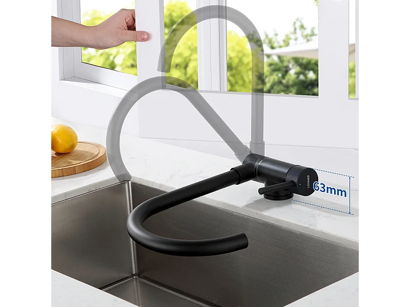 Lonheo Max Mitigeur Cuisine Rabattable Noir,Robinet Cuisine Pliable Contre Fenêtre en Acier Inox 304, Robinetterie Cuisine Pivotant à 360°,EU Modèle