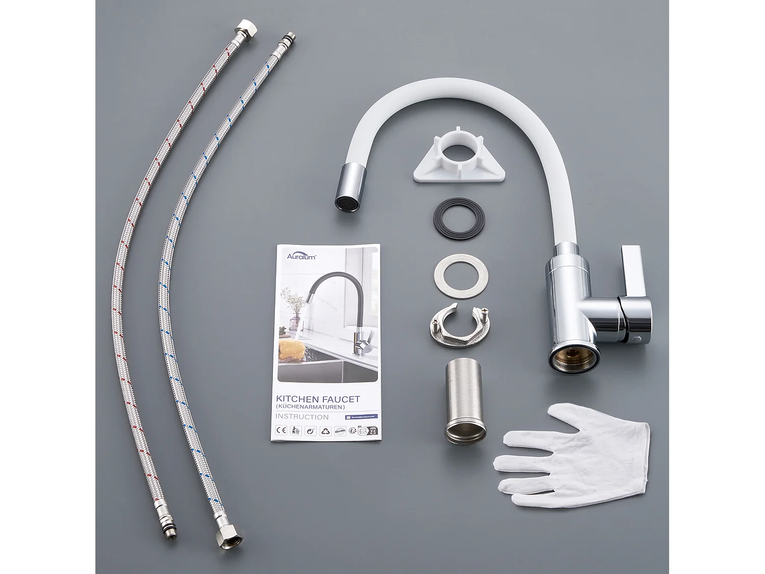 Mezclador cocina flexible AURALUM MAX blanco,grifo cocina, pivotante 360°,mezclador  fregadero con manguera de silicona flexible,agua caliente/fría