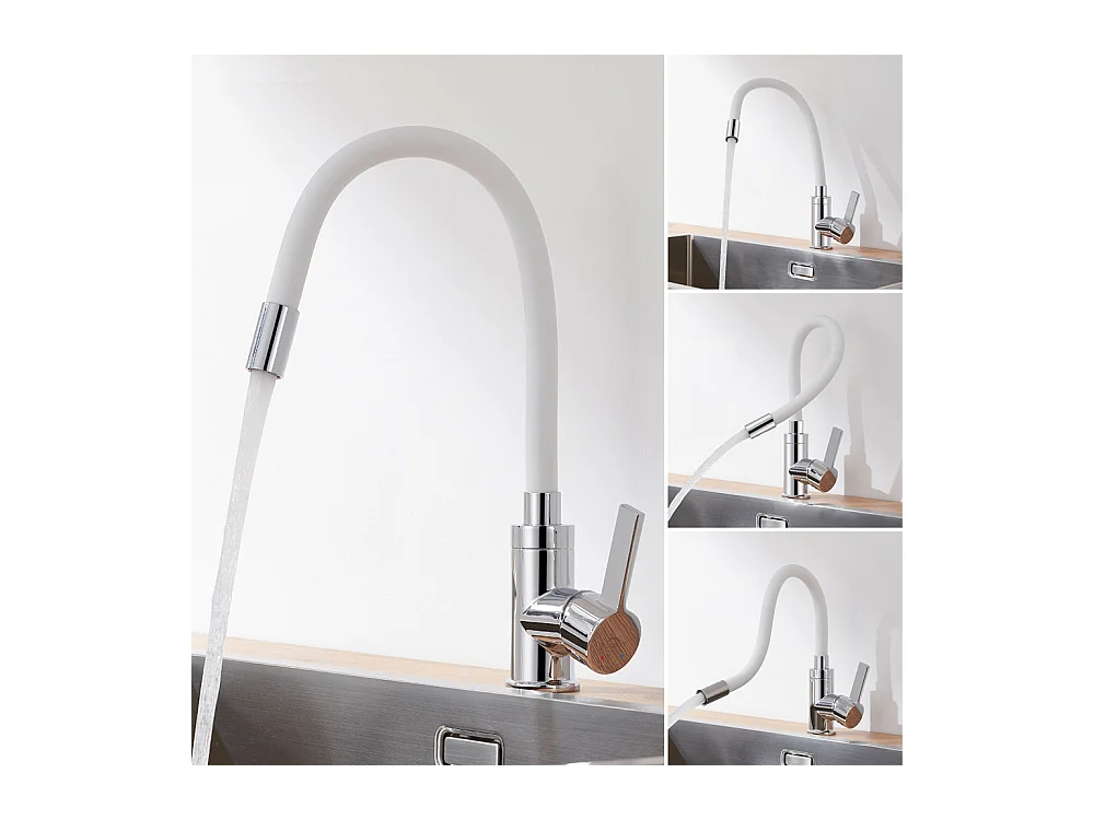 Mitigeur Cuisine Flexible AURALUM MAX Blanc, Robinet de Cuisine ,Pivotant 360°,Mitigeur d'évier avec Tuyau en Silicone Flexible,Eau Chaude et Froide