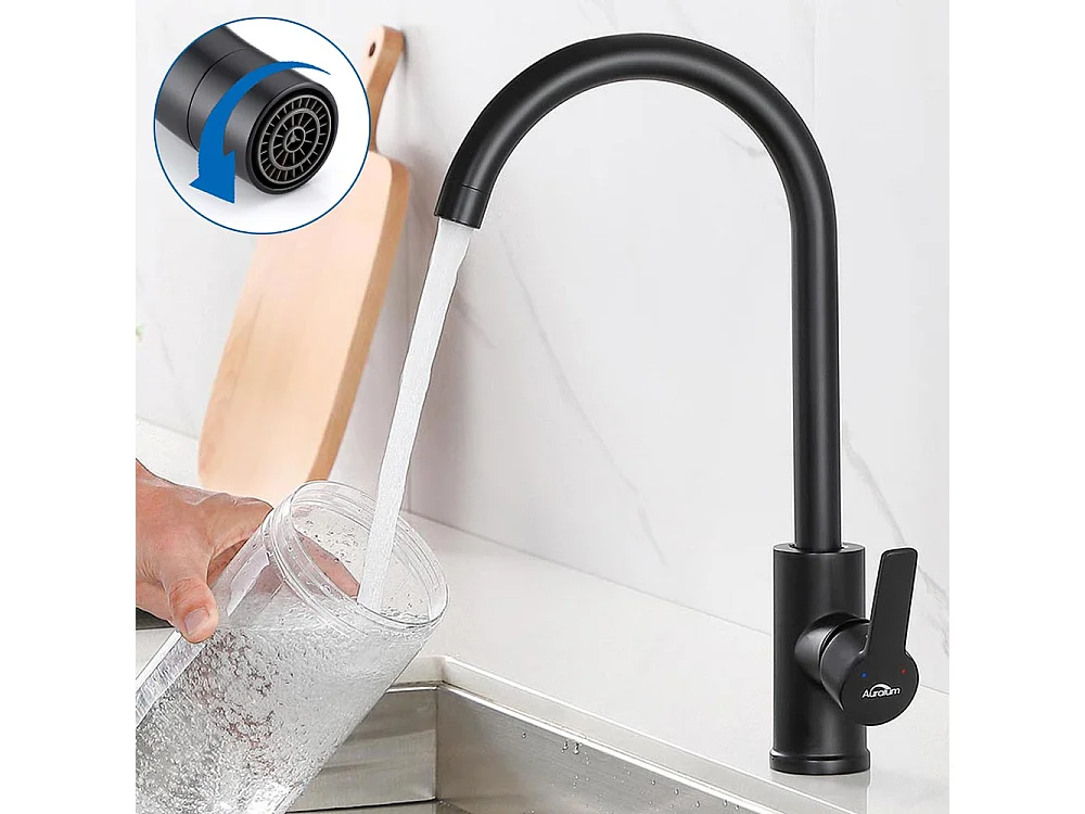 Auralum MAX 360° Draaibare Keukenmengkraan Elegante Hoge Uitloop Wastafelkraan met Afneembare Romper voor Keuken, Warm en Koud Water, Zwart