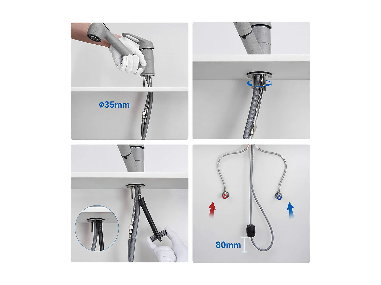 AURALUM MAX Keukenkraan met Uittrekbare Handdouche 2 Jets Draaibare Messing Wastafelmengkraan 360° Koud/Warm Water Kranen, Granietgrijs