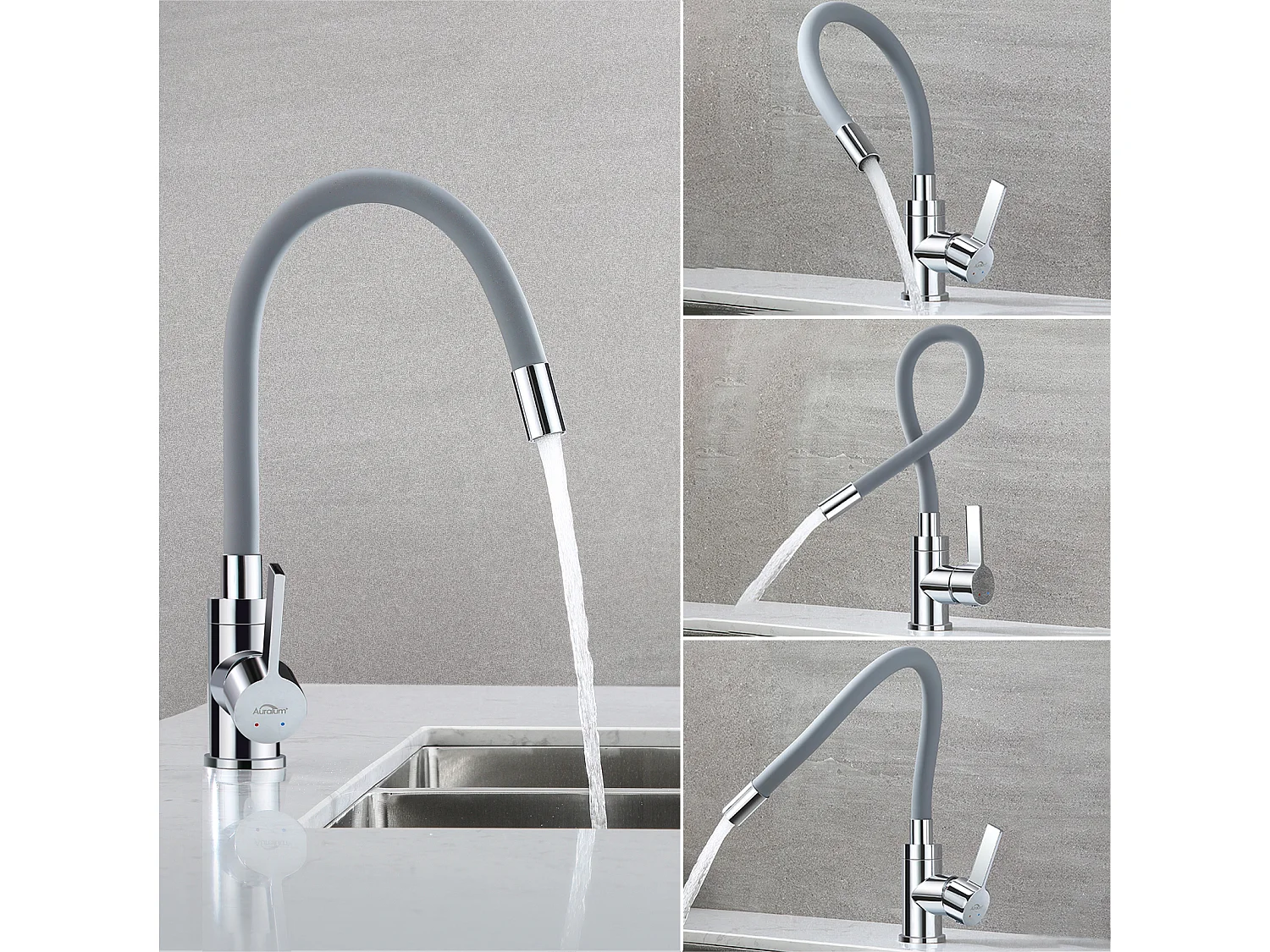 Auralum MAX  Mitigeur Évier avec Bec Flexible, Robinet de Cuisine, Cuisine Mitigeur Flexible Rotative à 360°, Gris