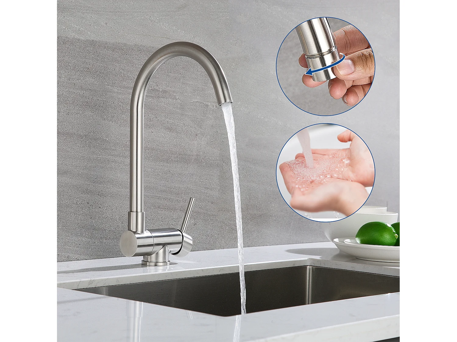 Lonheo MAX Mitigeur Cuisine Rabattable Pivotant à 360°Robinet de Cuisine avec Poignée Pliable Contre Fenêtre Robinet Evier Acier Inox 304