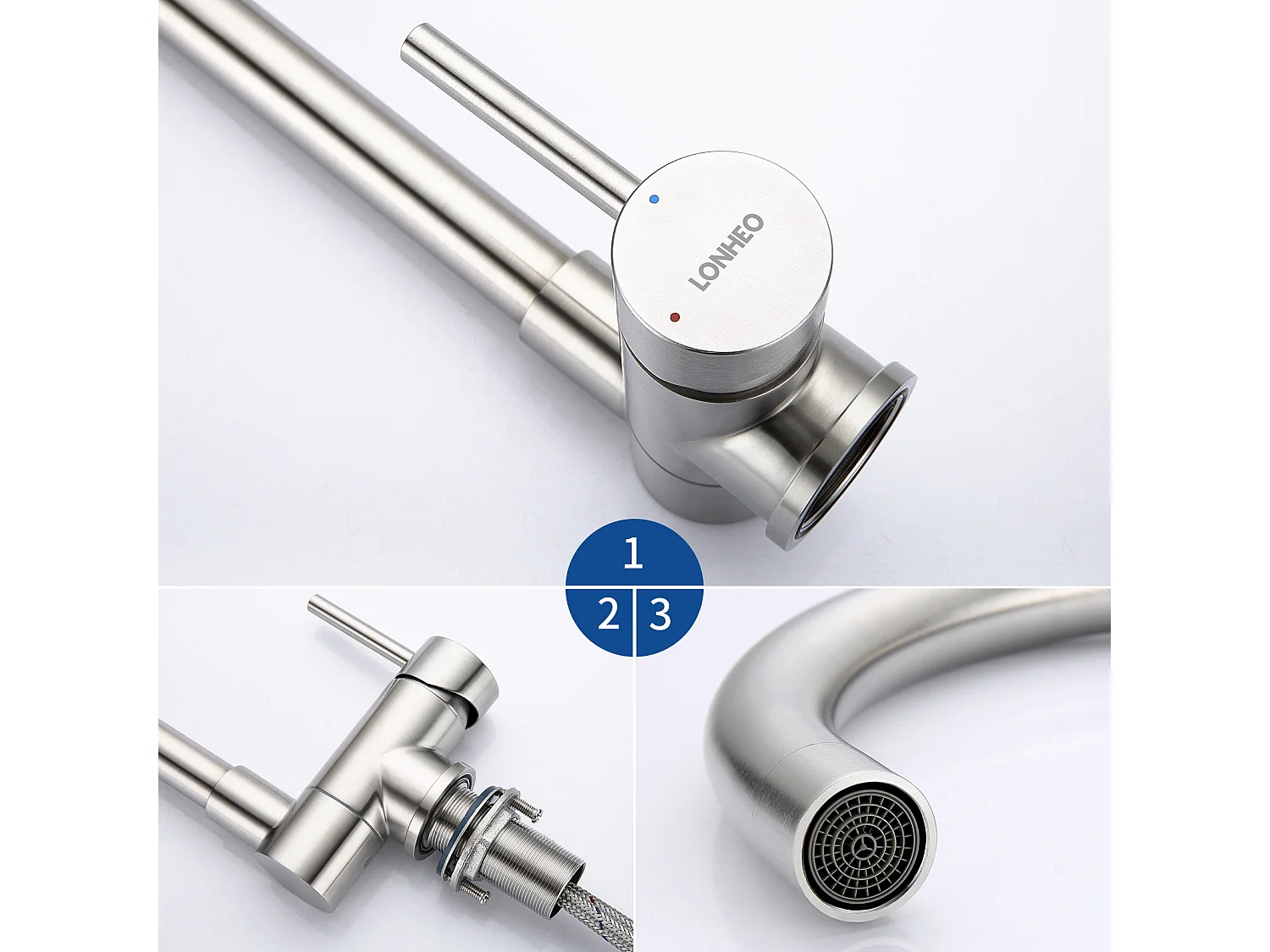 Lonheo MAX Mitigeur Cuisine Rabattable Pivotant à 360°Robinet de Cuisine avec Poignée Pliable Contre Fenêtre Robinet Evier Acier Inox 304