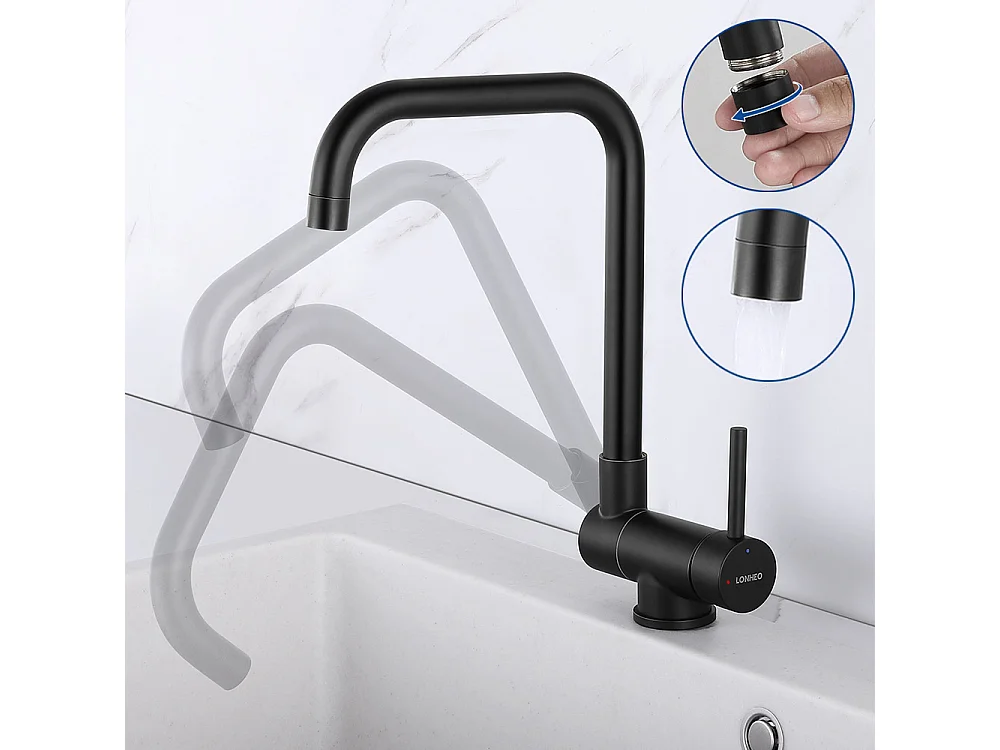 Robinet de Cuisine Rabattable Rotatif à 360°, Mitigeur Cuisine Eau Chaude Froide Robinetterie Acier Inox 304 avec barboteur démotable Noir,EU Modèle