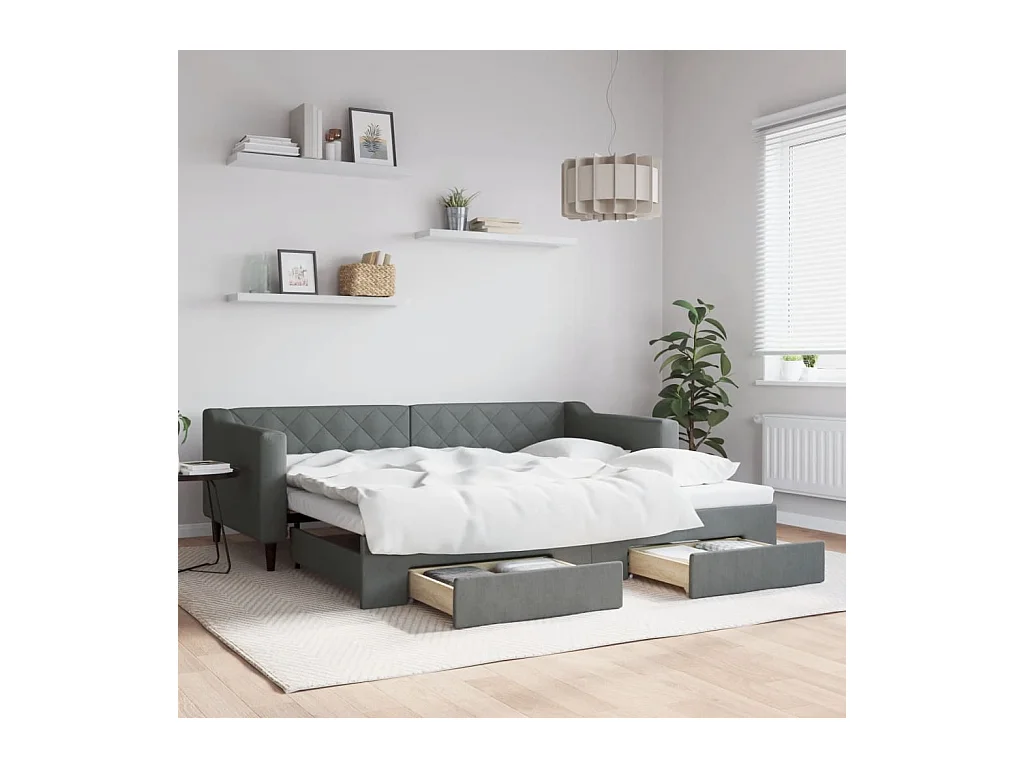 Divano Letto Estraibile Cassetti Grigio Scuro 90x200cm Tessuto