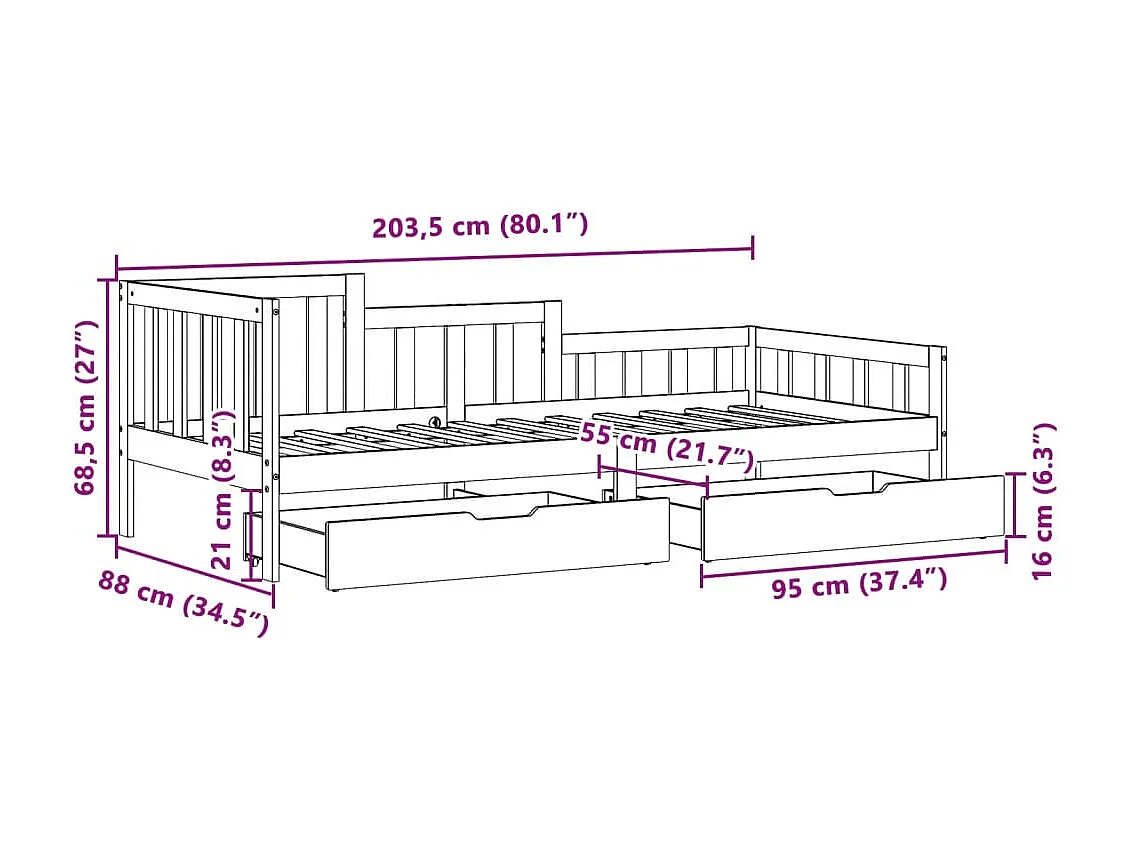 Dormeuse con Cassetti Bianca 80x200 cm Legno Massello di Pino