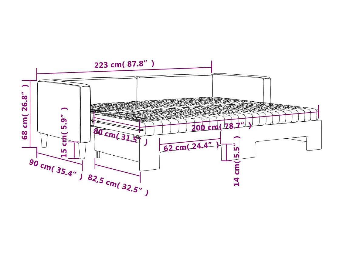 Lit de jour avec gigogne et matelas gris foncé 80x200 cm tissu