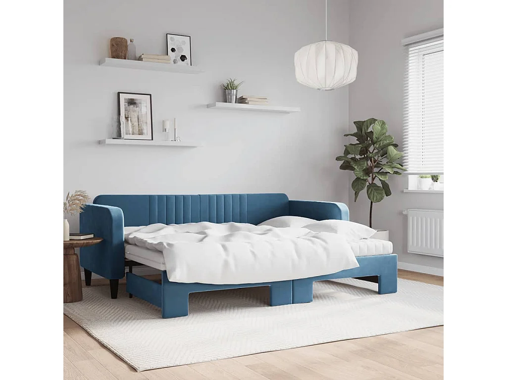 Slaapbank onderschuifbed en matrassen 80x200 cm fluweel blauw