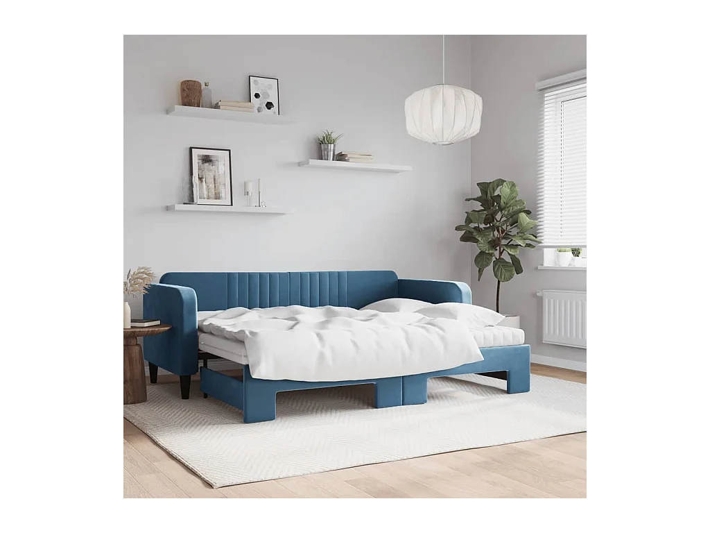 Lit de jour avec lit gigogne et matelas bleu 80x200 cm velours