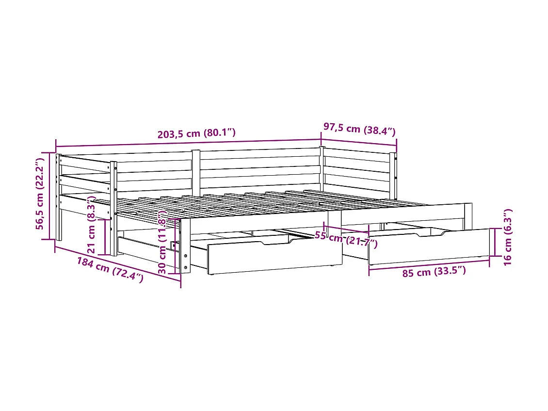 Lit de jour avec gigogne et tiroirs sans matelas 90x200 cm